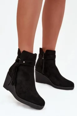 Online Ocieplane Botki Damskie Na Koturnie Z Frędzlami Czarne Olivarae Damskie Botki Ocieplane|Botki Na Koturnie