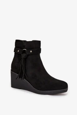 Online Ocieplane Botki Damskie Na Koturnie Z Frędzlami Czarne Olivarae Damskie Botki Ocieplane|Botki Na Koturnie