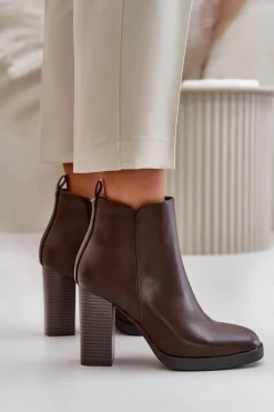 Online Ocieplane Botki Damskie Na Słupku Eko Skórzane Ciemnobrązowe Teresine Damskie Botki Ocieplane|Czarne Botki