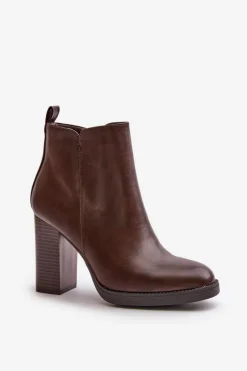 Online Ocieplane Botki Damskie Na Słupku Eko Skórzane Ciemnobrązowe Teresine Damskie Botki Ocieplane|Czarne Botki