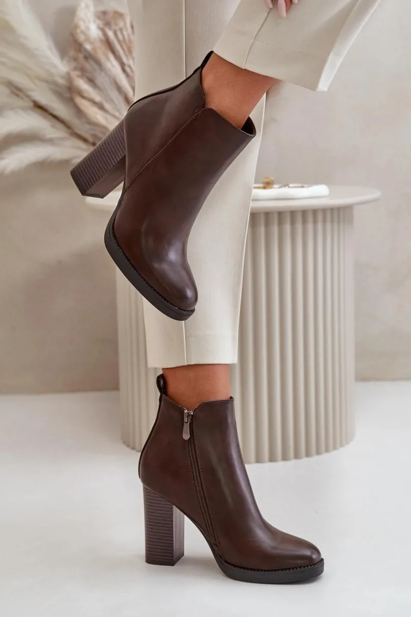 Online Ocieplane Botki Damskie Na Słupku Eko Skórzane Ciemnobrązowe Teresine Damskie Botki Ocieplane|Czarne Botki