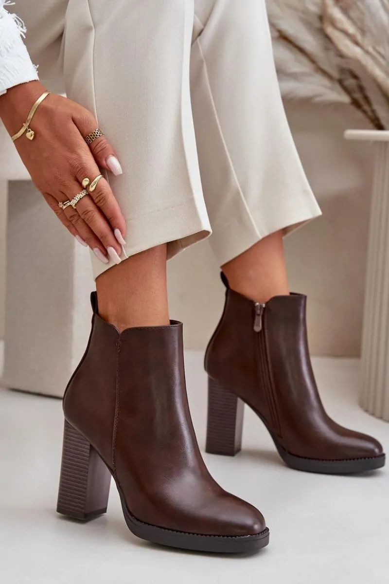 Online Ocieplane Botki Damskie Na Słupku Eko Skórzane Ciemnobrązowe Teresine Damskie Botki Ocieplane|Czarne Botki