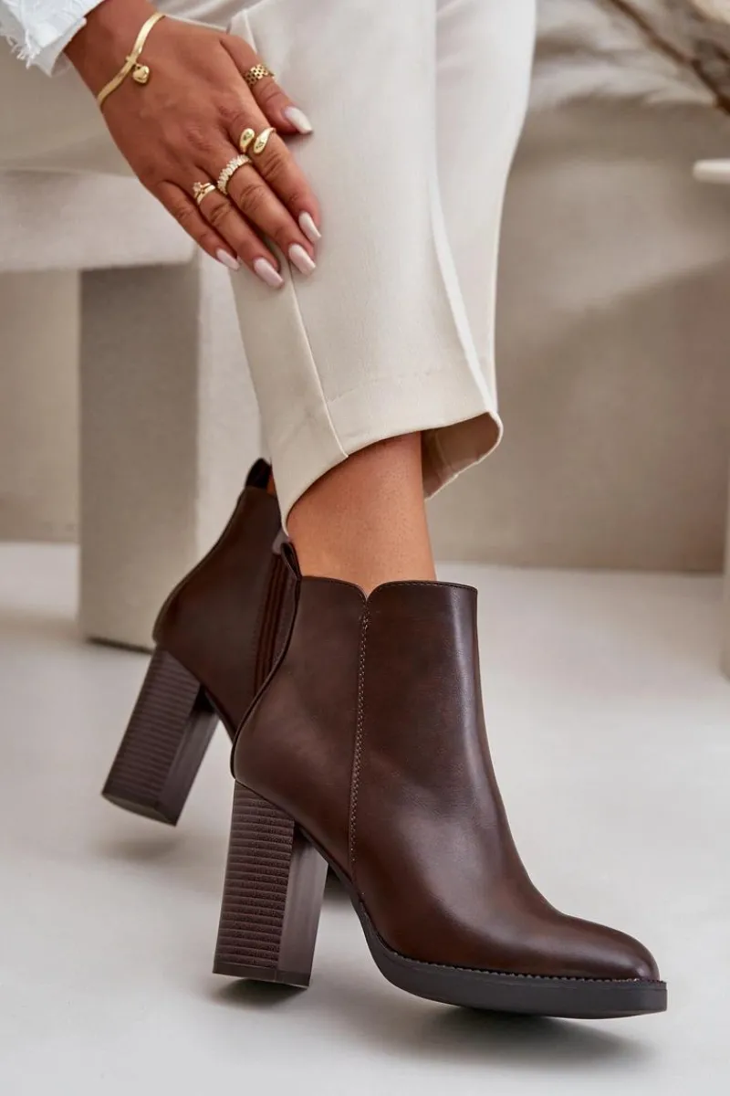 Online Ocieplane Botki Damskie Na Słupku Eko Skórzane Ciemnobrązowe Teresine Damskie Botki Ocieplane|Czarne Botki