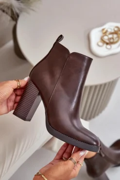 Online Ocieplane Botki Damskie Na Słupku Eko Skórzane Ciemnobrązowe Teresine Damskie Botki Ocieplane|Czarne Botki