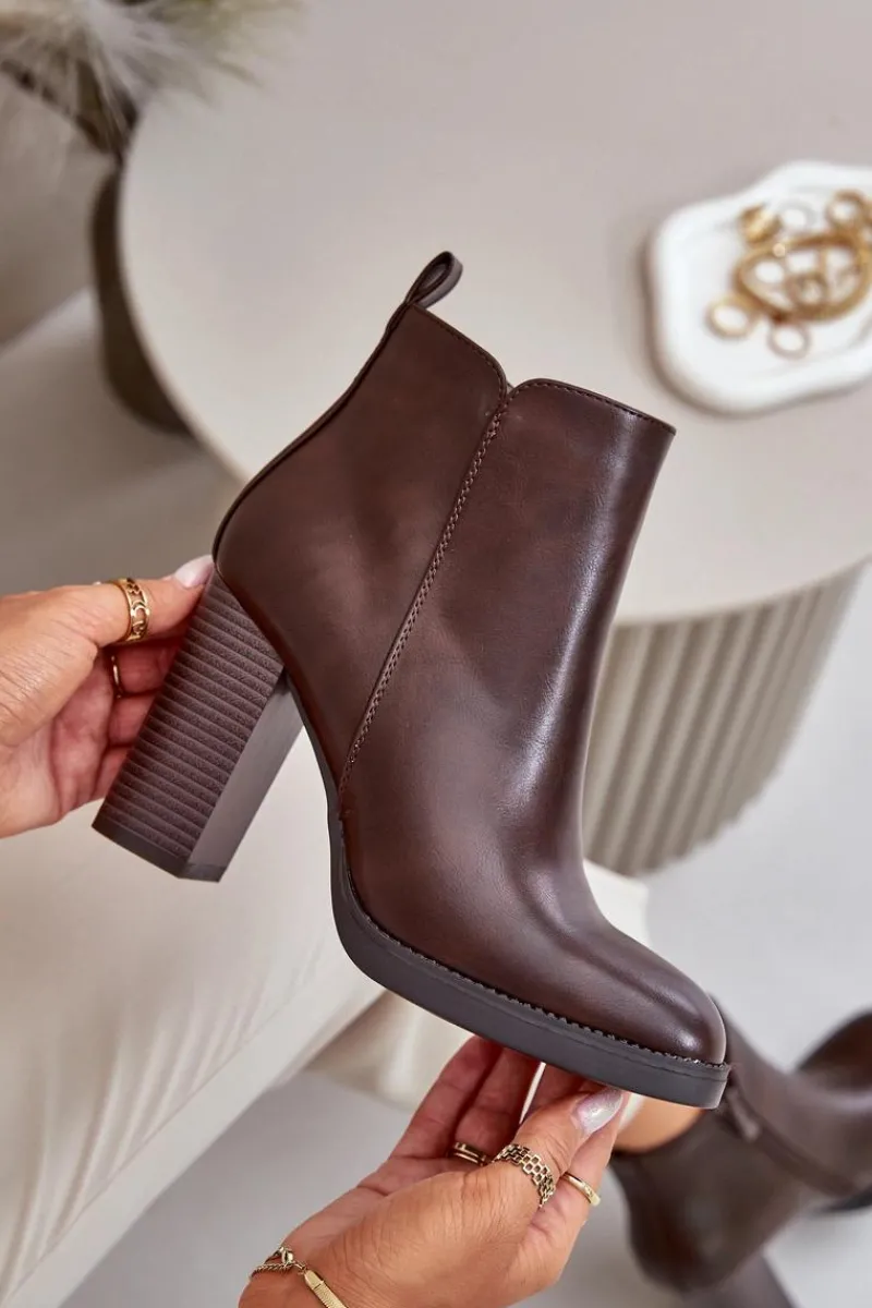 Online Ocieplane Botki Damskie Na Słupku Eko Skórzane Ciemnobrązowe Teresine Damskie Botki Ocieplane|Czarne Botki