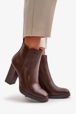 Online Ocieplane Botki Damskie Na Słupku Eko Skórzane Ciemnobrązowe Teresine Damskie Botki Ocieplane|Czarne Botki