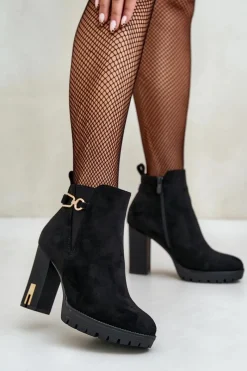 Sale Boto Ocieplane Botki Damskie Na Wysokim Obcasie Słupku Czarne Terisanna