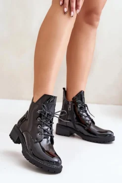 Botki Ocieplane|Botki Sznurowane>Buty damskie Vinceza Ocieplane Botki Damskie Na Niskim Obcasie Lakierowane Vinceza 58136 Czarne
