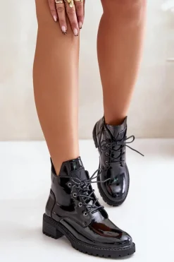 Botki Ocieplane|Botki Sznurowane>Buty damskie Vinceza Ocieplane Botki Damskie Na Niskim Obcasie Lakierowane Vinceza 58136 Czarne