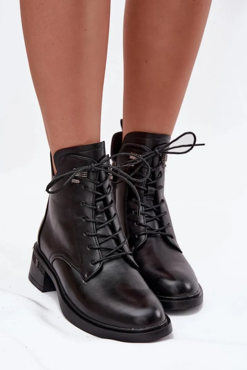 Ocieplane Botki Damskie Na Klocku Vinceza 58602 Czarne Damskie Botki Ocieplane|Botki Sznurowane