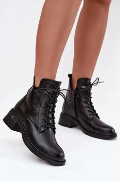 Ocieplane Botki Damskie Na Klocku Vinceza 58602 Czarne Damskie Botki Ocieplane|Botki Sznurowane