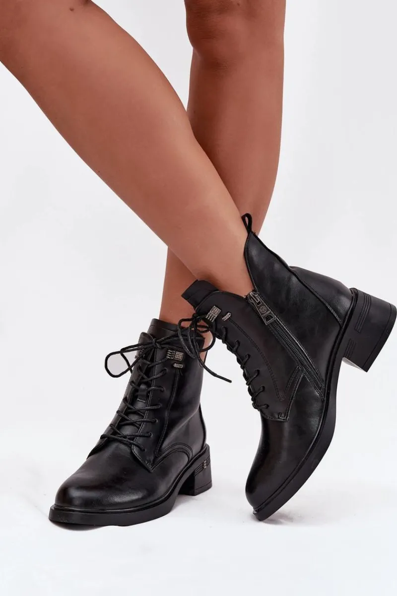 Ocieplane Botki Damskie Na Klocku Vinceza 58602 Czarne Damskie Botki Ocieplane|Botki Sznurowane