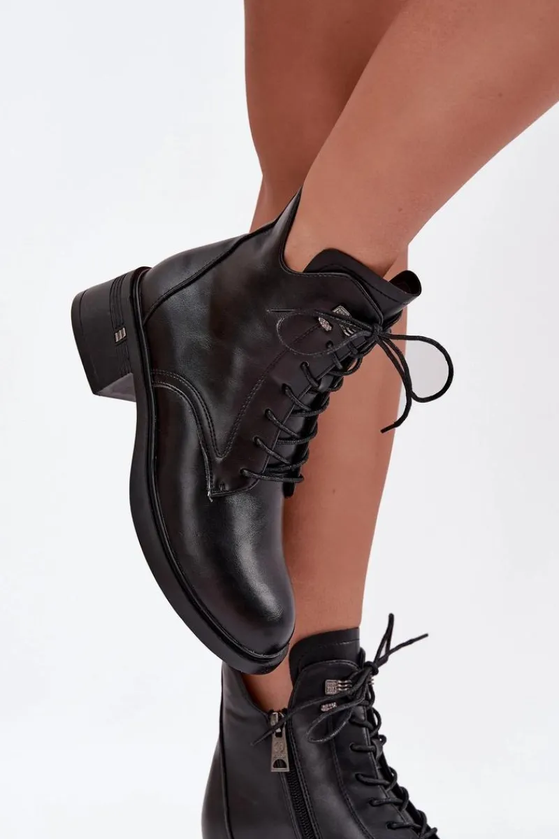 Ocieplane Botki Damskie Na Klocku Vinceza 58602 Czarne Damskie Botki Ocieplane|Botki Sznurowane