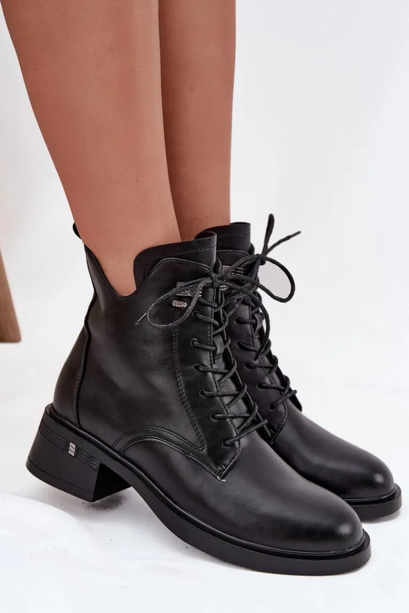 Ocieplane Botki Damskie Na Klocku Vinceza 58602 Czarne Damskie Botki Ocieplane|Botki Sznurowane