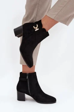 Best Ocieplane Botki Damskie Na Słupku Ze Złotym Detalem Czarne Renora Damskie Botki Ocieplane|Botki Na Słupku
