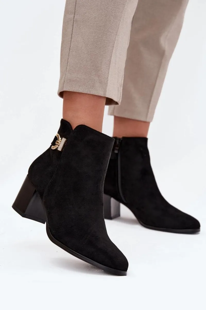 Best Ocieplane Botki Damskie Na Słupku Ze Złotym Detalem Czarne Renora Damskie Botki Ocieplane|Botki Na Słupku