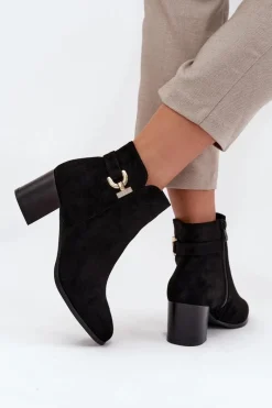 Best Ocieplane Botki Damskie Na Słupku Ze Złotym Detalem Czarne Renora Damskie Botki Ocieplane|Botki Na Słupku
