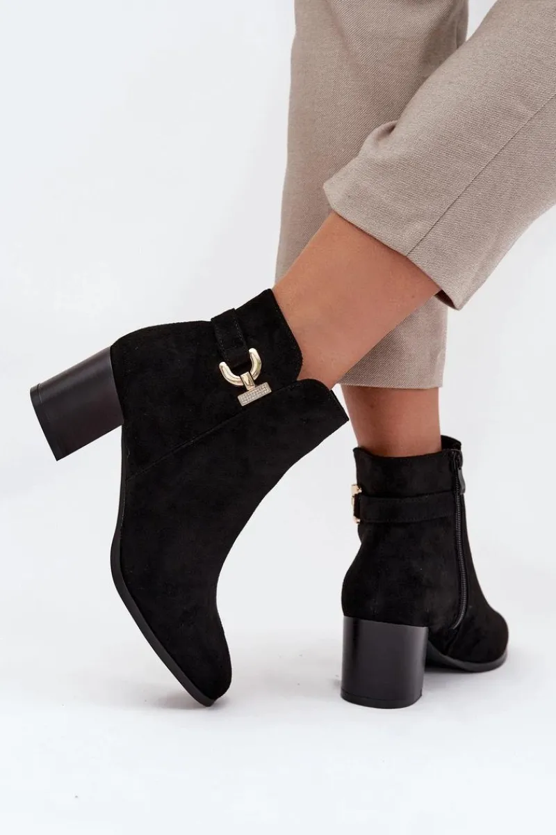 Best Ocieplane Botki Damskie Na Słupku Ze Złotym Detalem Czarne Renora Damskie Botki Ocieplane|Botki Na Słupku