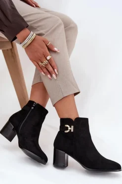 Best Ocieplane Botki Damskie Na Słupku Ze Złotym Detalem Czarne Renora Damskie Botki Ocieplane|Botki Na Słupku