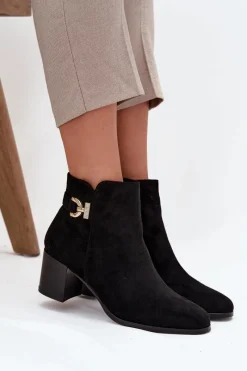 Best Ocieplane Botki Damskie Na Słupku Ze Złotym Detalem Czarne Renora Damskie Botki Ocieplane|Botki Na Słupku