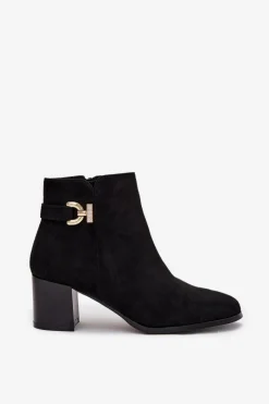 Best Ocieplane Botki Damskie Na Słupku Ze Złotym Detalem Czarne Renora Damskie Botki Ocieplane|Botki Na Słupku