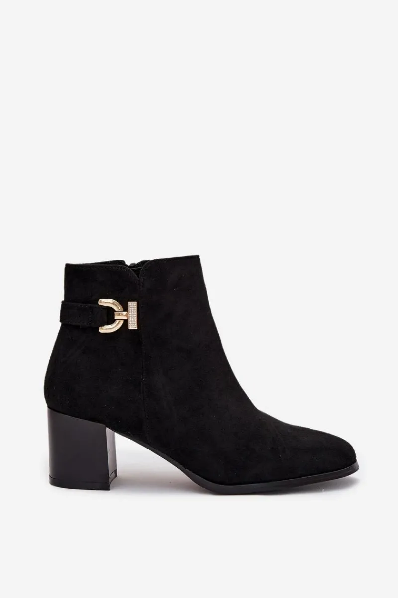 Best Ocieplane Botki Damskie Na Słupku Ze Złotym Detalem Czarne Renora Damskie Botki Ocieplane|Botki Na Słupku