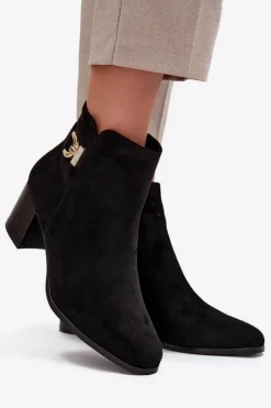 Best Ocieplane Botki Damskie Na Słupku Ze Złotym Detalem Czarne Renora Damskie Botki Ocieplane|Botki Na Słupku