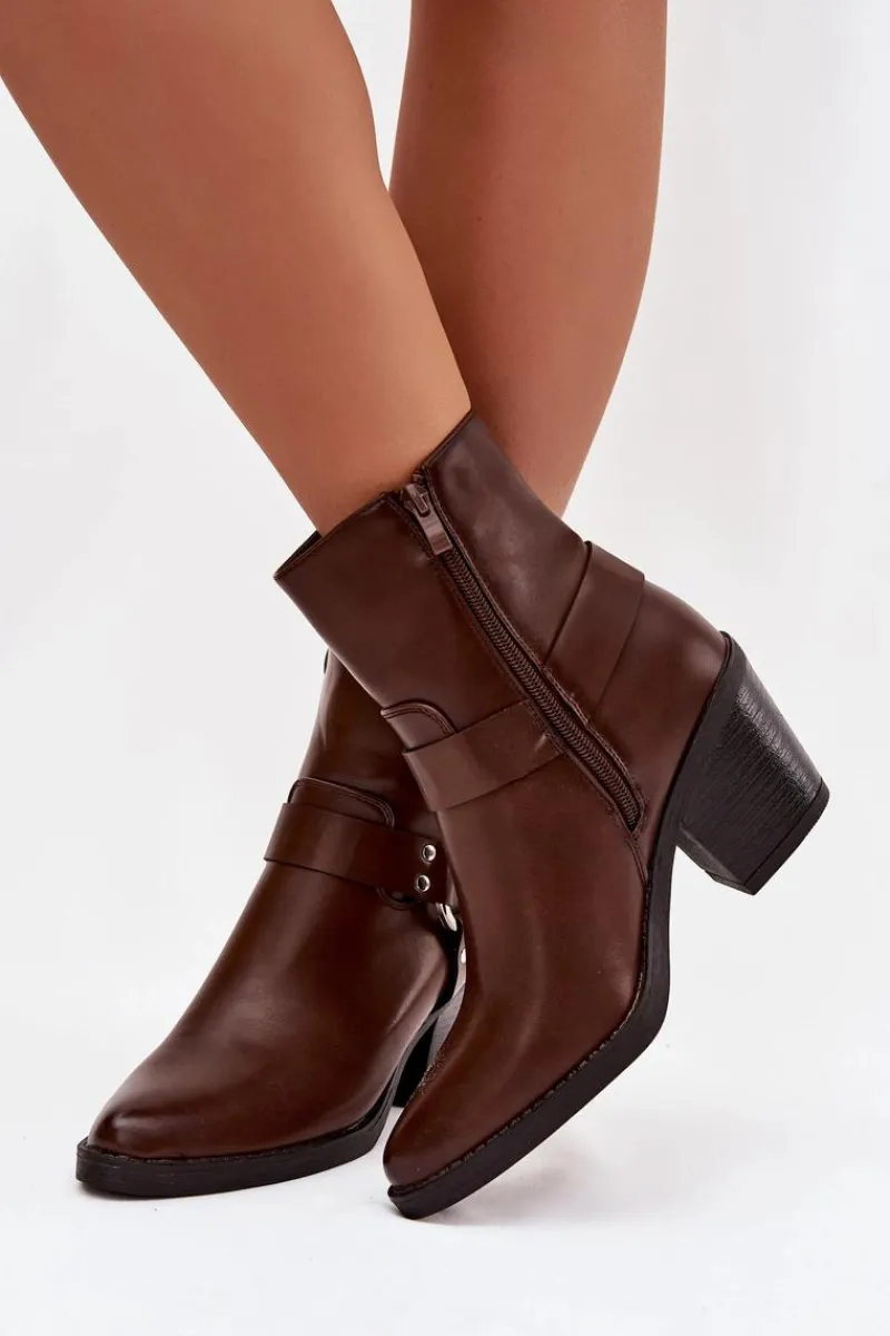 Botki Ocieplane|Botki Skórzane>Boto Ocieplane Botki Damskie Na Słupku Z Ozdobnym Elementem Brązowe Jurelle Brązowy