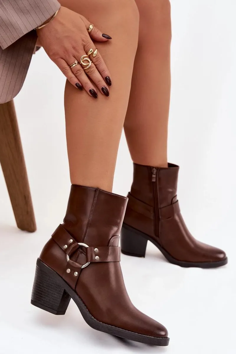 Botki Ocieplane|Botki Skórzane>Boto Ocieplane Botki Damskie Na Słupku Z Ozdobnym Elementem Brązowe Jurelle Brązowy