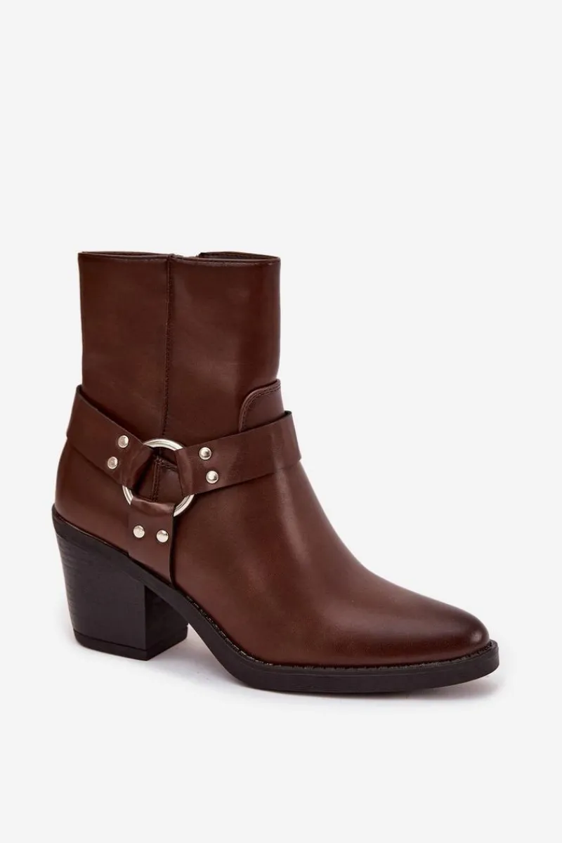 Botki Ocieplane|Botki Skórzane>Boto Ocieplane Botki Damskie Na Słupku Z Ozdobnym Elementem Brązowe Jurelle Brązowy
