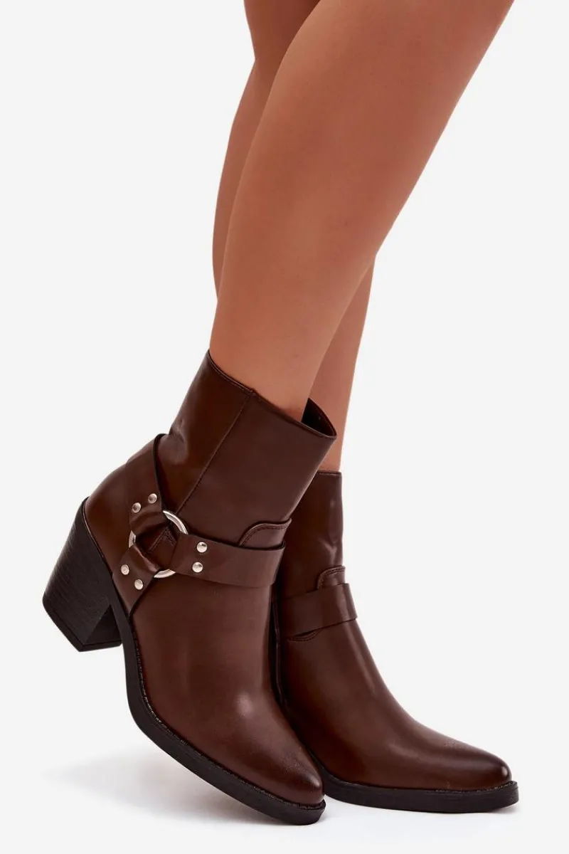 Botki Ocieplane|Botki Skórzane>Boto Ocieplane Botki Damskie Na Słupku Z Ozdobnym Elementem Brązowe Jurelle Brązowy