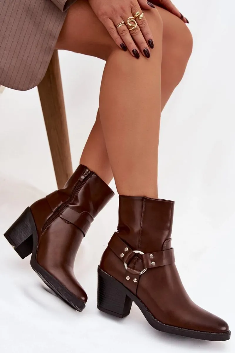 Botki Ocieplane|Botki Skórzane>Boto Ocieplane Botki Damskie Na Słupku Z Ozdobnym Elementem Brązowe Jurelle Brązowy