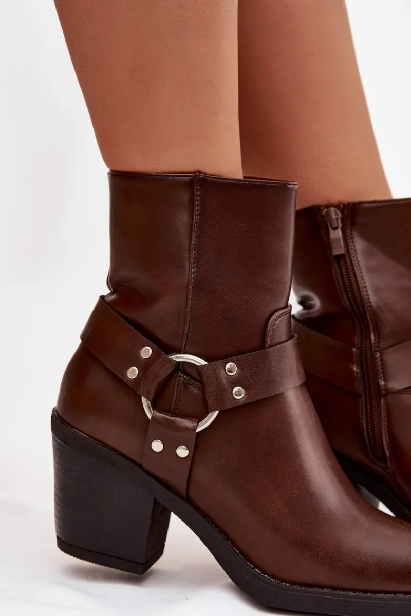 Botki Ocieplane|Botki Skórzane>Boto Ocieplane Botki Damskie Na Słupku Z Ozdobnym Elementem Brązowe Jurelle Brązowy