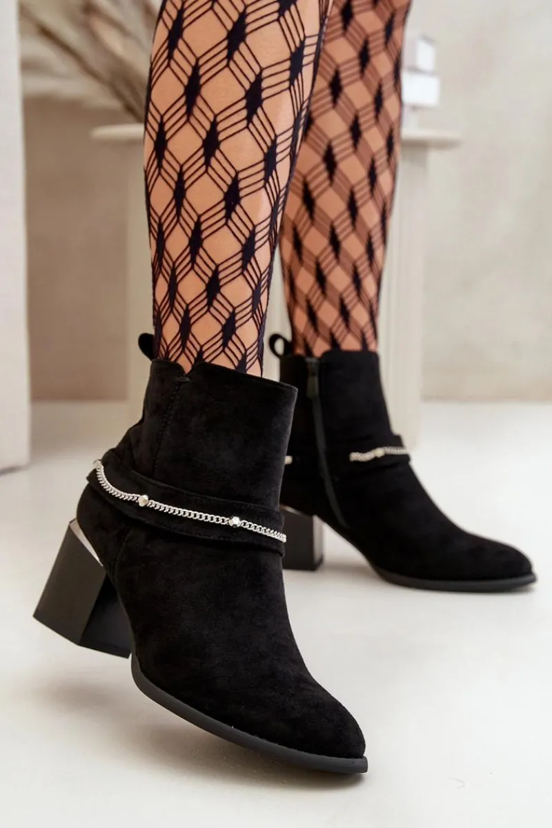 Discount Ocieplane Botki Damskie Na Słupku Z Łańcuszkiem Eko Zamszowe Czarne Hanalen Damskie Botki Ocieplane|Botki Na Słupku