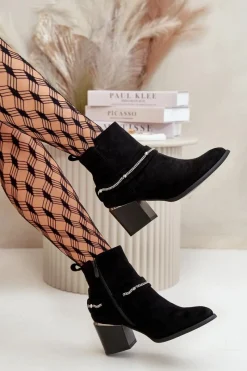 Discount Ocieplane Botki Damskie Na Słupku Z Łańcuszkiem Eko Zamszowe Czarne Hanalen Damskie Botki Ocieplane|Botki Na Słupku