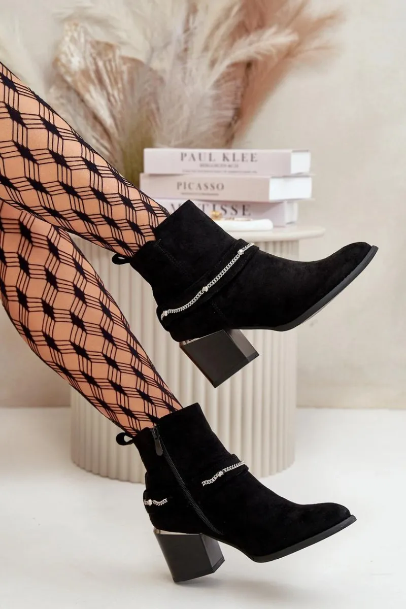 Discount Ocieplane Botki Damskie Na Słupku Z Łańcuszkiem Eko Zamszowe Czarne Hanalen Damskie Botki Ocieplane|Botki Na Słupku