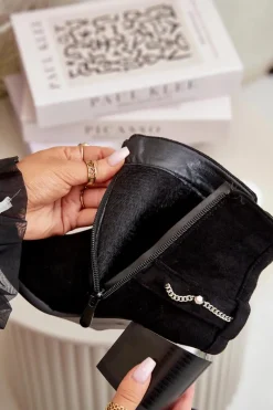 Discount Ocieplane Botki Damskie Na Słupku Z Łańcuszkiem Eko Zamszowe Czarne Hanalen Damskie Botki Ocieplane|Botki Na Słupku