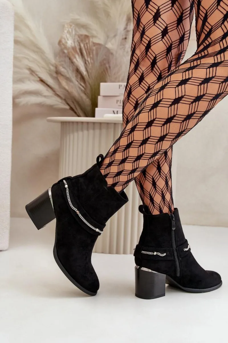 Discount Ocieplane Botki Damskie Na Słupku Z Łańcuszkiem Eko Zamszowe Czarne Hanalen Damskie Botki Ocieplane|Botki Na Słupku