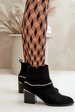 Discount Ocieplane Botki Damskie Na Słupku Z Łańcuszkiem Eko Zamszowe Czarne Hanalen Damskie Botki Ocieplane|Botki Na Słupku