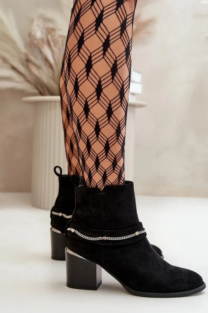 Discount Ocieplane Botki Damskie Na Słupku Z Łańcuszkiem Eko Zamszowe Czarne Hanalen Damskie Botki Ocieplane|Botki Na Słupku