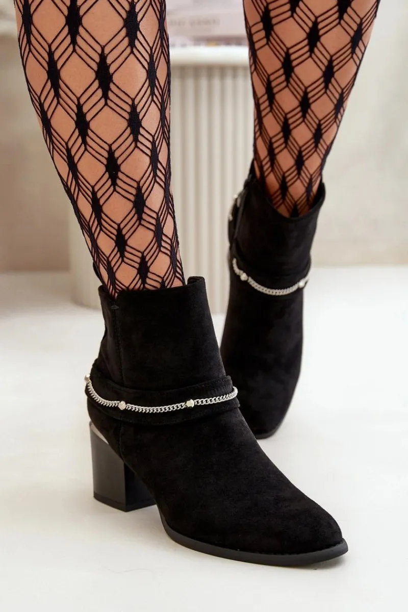 Discount Ocieplane Botki Damskie Na Słupku Z Łańcuszkiem Eko Zamszowe Czarne Hanalen Damskie Botki Ocieplane|Botki Na Słupku