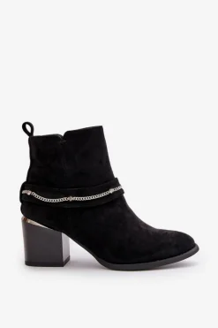 Discount Ocieplane Botki Damskie Na Słupku Z Łańcuszkiem Eko Zamszowe Czarne Hanalen Damskie Botki Ocieplane|Botki Na Słupku