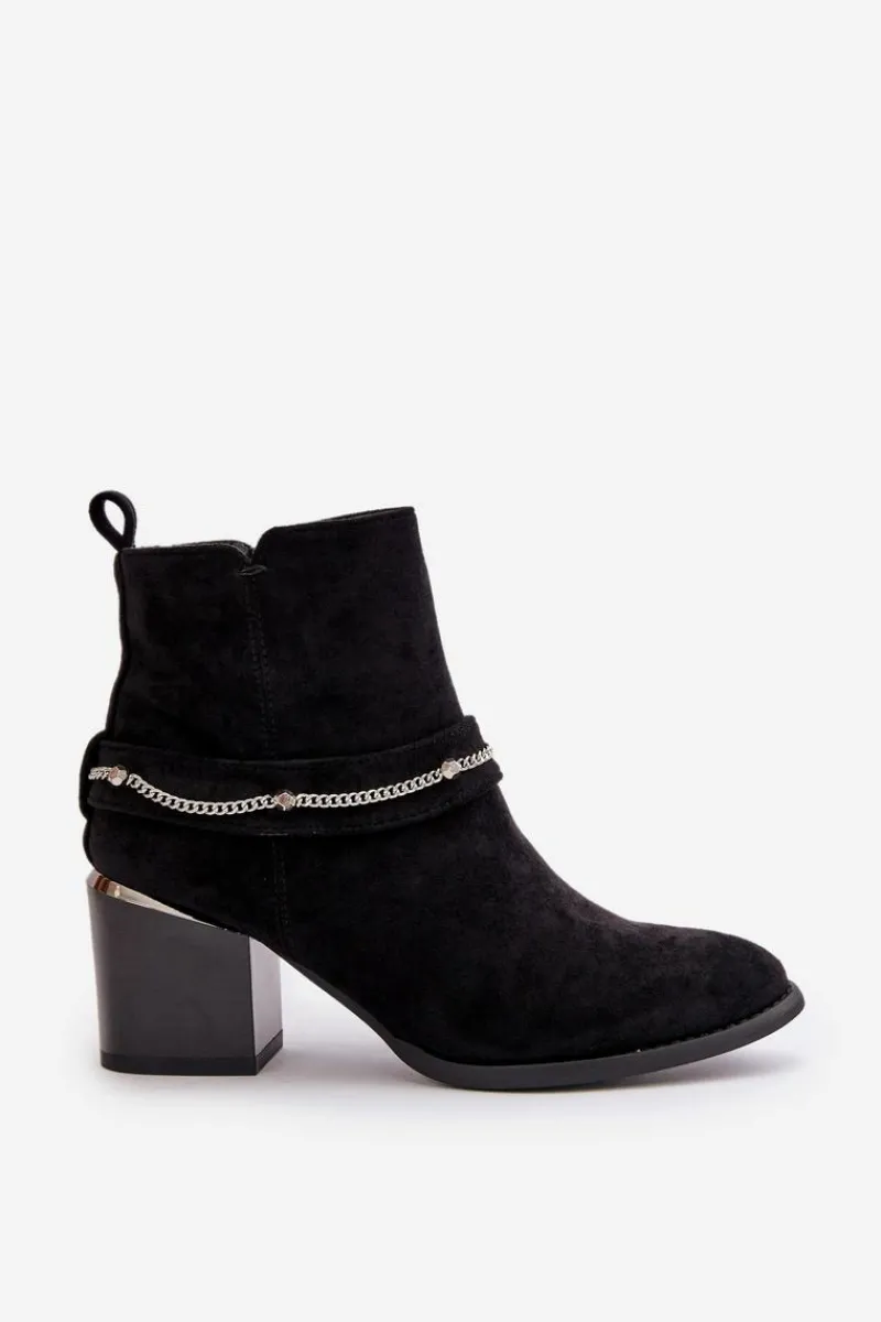 Discount Ocieplane Botki Damskie Na Słupku Z Łańcuszkiem Eko Zamszowe Czarne Hanalen Damskie Botki Ocieplane|Botki Na Słupku