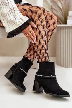 Discount Ocieplane Botki Damskie Na Słupku Z Łańcuszkiem Eko Zamszowe Czarne Hanalen Damskie Botki Ocieplane|Botki Na Słupku