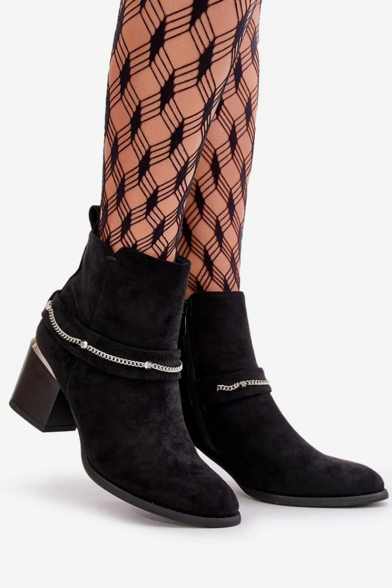 Discount Ocieplane Botki Damskie Na Słupku Z Łańcuszkiem Eko Zamszowe Czarne Hanalen Damskie Botki Ocieplane|Botki Na Słupku