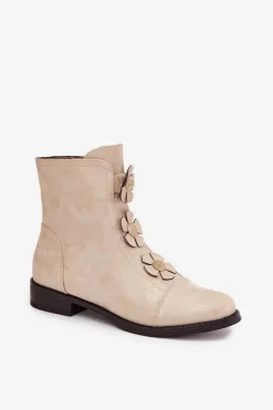 Sale Ocieplane Botki Damskie Na Płaskim Obcasie Z Ozdobnymi Kwiatkami Złote Pravienne Damskie Botki Ocieplane|Czarne Botki