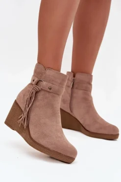 Discount Boto Ocieplane Botki Damskie Na Koturnie Z Frędzlami Beżowe Olivarae Beżowy