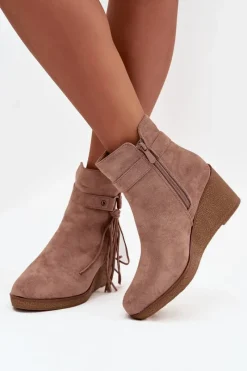 Discount Boto Ocieplane Botki Damskie Na Koturnie Z Frędzlami Beżowe Olivarae Beżowy