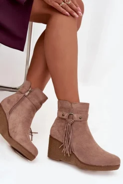 Discount Boto Ocieplane Botki Damskie Na Koturnie Z Frędzlami Beżowe Olivarae Beżowy