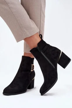 Ocieplane Botki Damskie Na Słupku Ze Złotymi Elementami Czarne Ambrine Damskie Botki Ocieplane|Botki Na Słupku
